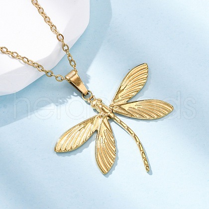 Dragonfly 304 Stainless Steel Pendant Necklaces NJEW-H059-05G-1