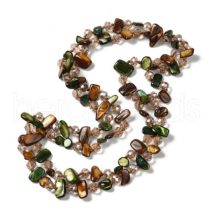 Dyed Natural Shell Chip & Faceted Rondelle Glass Beaded Long Necklaces for Women NJEW-S456-02-1