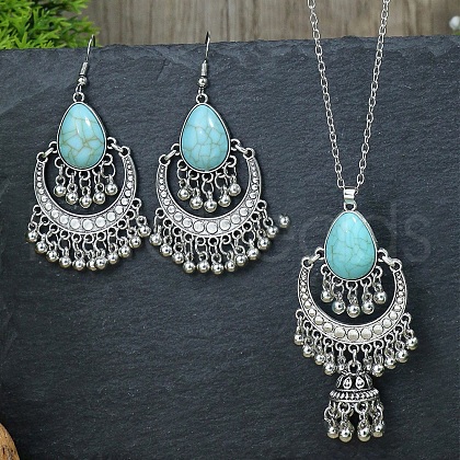 Bohemian Style Alloy & Synthetic Turquoise Pendant Bell Tassel Necklaces & Dangle Earring FS-WGA0D62-01-1