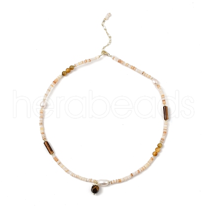 Natural Tiger Eye Beads Charm Necklace with Natural Shell & Pearl Beaded Chains NJEW-K251-01-1