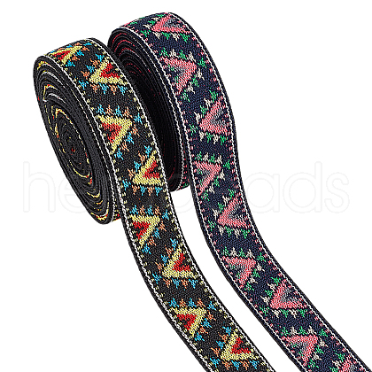 BENECREAT 6 Yards 2 Colors Ethnic Style Embroidery Flat Polyester Elastic Triangle Jacquard Rubber Cord/Band OCOR-BC0007-68-1