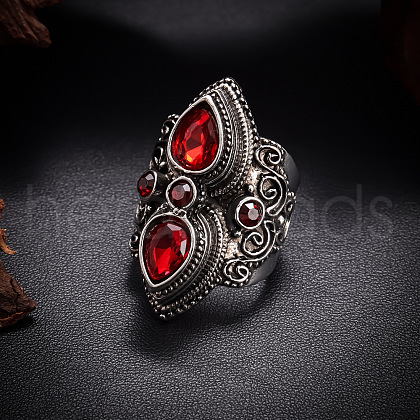 Teardrop & Oval Bohemian Style Zinc Alloy with Resin Imitation Moonstone/Rhinestone Finger Rings FS-WGFB6C4-15-1