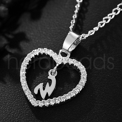 Brass Micro Pave Clear Cubic Zirconia Hollow Heart with Initial Pendant Necklaces WG4069A-04-1
