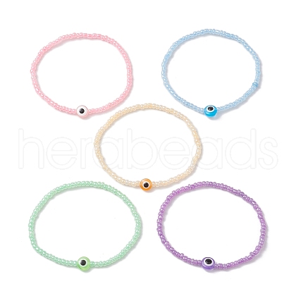 5Pcs 5 Colors Evil Eye Resin & Glass Seed Beaded Stretch Bracelet Sets BJEW-JB10477-1