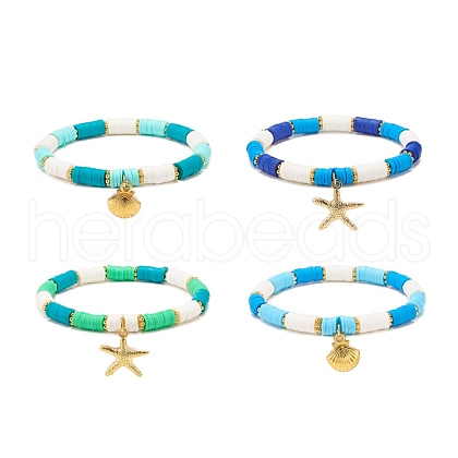 4Pcs 4 Style Handmade Polymer Clay Heishi Surfer Stretch Bracelets Set BJEW-JB08638-1