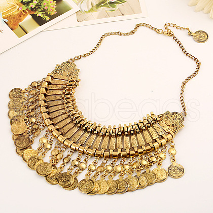 Tibetan Style Zinc Alloy Coin Tassel Chunky Bib Necklaces for Women FS-WG2495A-02-1