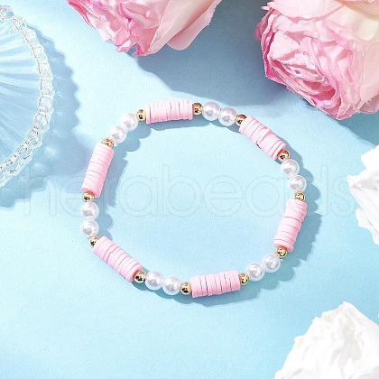 Handmade Polymer Clay Beads with ABS Plastic Imitation Pearl Beads and Brass Spacer Beads and Korean Elastic Crystal Thread Bracelets BJEW-JB11780-01-1