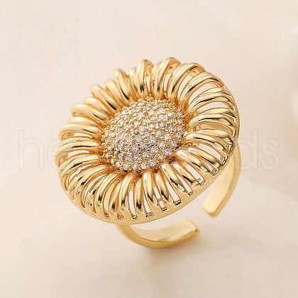 Sunflower Brass Micro Pave Clear Cubic Zirconia Cuff Finger Rings for Women RJEW-M098-02G-1
