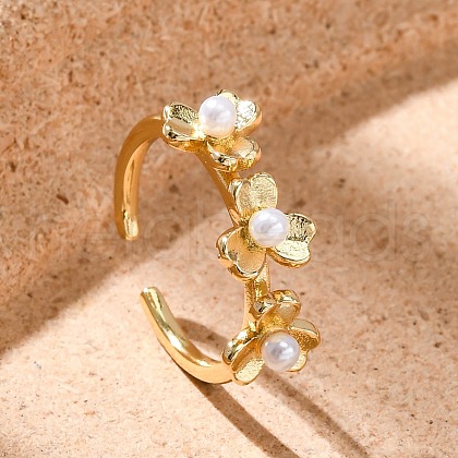 Flower Brass Open Cuff Rings for Women RJEW-G341-01G-1
