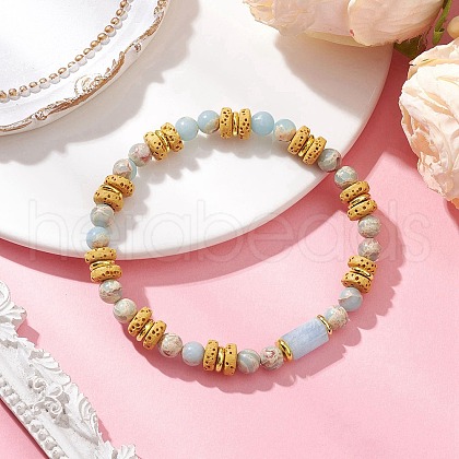 Natural Lava Rock & Synthetic Aqua Terra Jasper & Natural Aquamarine Beads Strethch Bracelets BJEW-JB11666-02-1