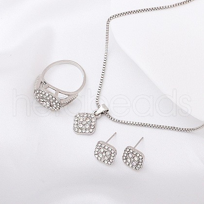 Rhombus Alloy Rhinestone Pendant Necklaces & Stud Earrings & Rings Sets FS-WGFED7A-02-1