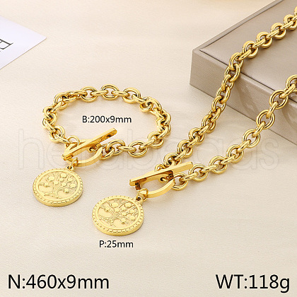 Flat Round 304 Stainless Steel Pendant Necklace & Charm Bracelet FS-WG2A73C-02-1