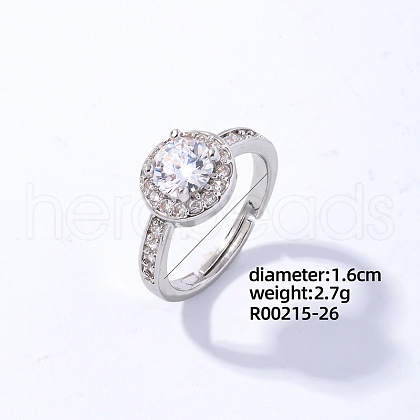 Mother's Day Rings Flat Round Platinum Brass Adjustable Ring with Cubic Zirconia EG7863-20-1