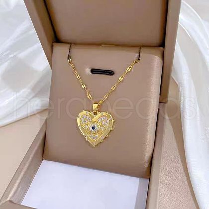 Evil Eye Heart 304 Stainless Steel Micro Pave Clear & Blue Cubic Zirconia Pendant Necklaces FS-WGB58AC-01-1