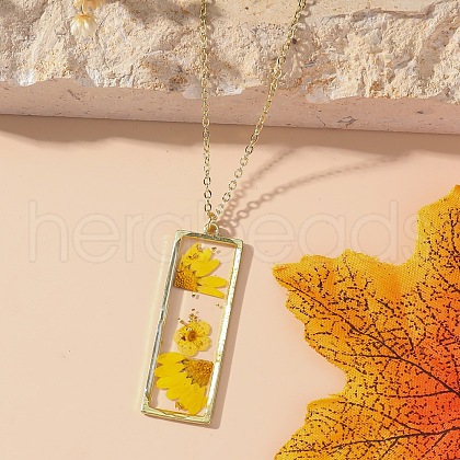 Rectangle with Inner Flower Resin Pendant Iron Cable Chain Necklaces for Women FS-WG0F8F1-12-1