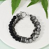 Natural Round Picasso Stone & Frosted Black Bead Bracelets BJEW-M081-01A-1
