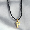 304 Stainless Steel Initial Pendant Black Glass Faceted Round Beaded Pendant Necklaces for Women FS-WGC61DE-06-1