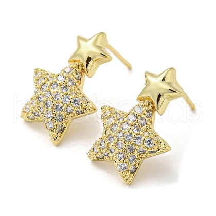 Star Rack Plating Brass Micro Pave Cubic Zirconia Dangle Stud Earrings EJEW-F331-25G-1