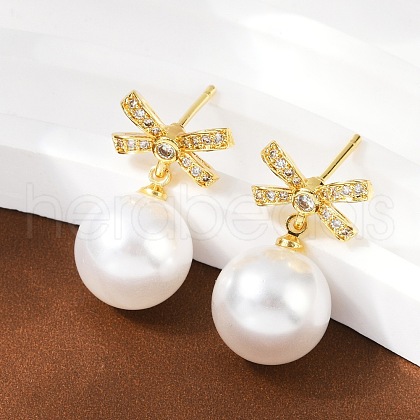 Bowknot Brass Micro Pave Clear Cubic Zirconia Dangle Stud Earrings EJEW-F895-11G-1