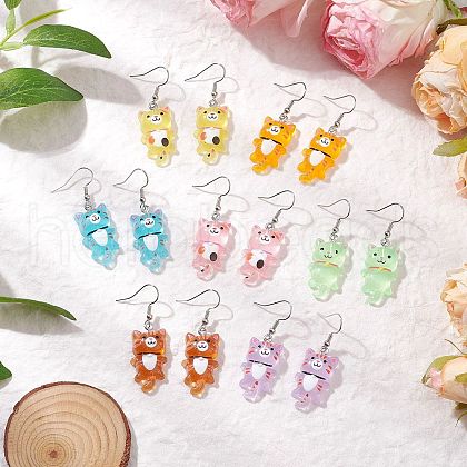 Iron Transparent Resin Cat Shape Dangle Earrings EJEW-JE06379-1