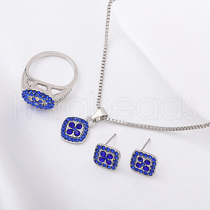 Rhombus Alloy Rhinestone Pendant Necklaces & Stud Earrings & Rings Sets FS-WGFED7A-07-1