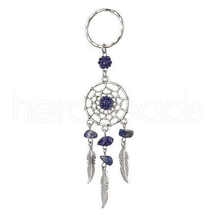 Woven Net/Web with Feather Alloy & Natural Lapis Lazuli & Glass Seed Keychains KEYC-MZ00041-03-1