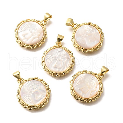 Brass Pave Natural White Shell Carved Angel Pendants KK-Z091-03G-1