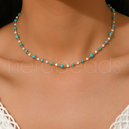 Simple Synthetic Turquoise & Natural Shell Round Rondelle Beaded Necklaces for Women BW4338-1