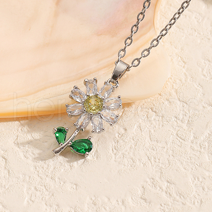 Brass Clear & Green Cubic Zirconia Daisy Pendant Necklaces for Women TY2547-1