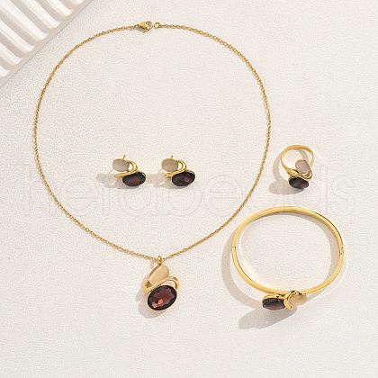 Oval Stainless Steel Rhinestone Bracelets & Earrings & Necklaces & Rings Sets for Women JD9188-2-1