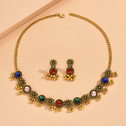 Flat Round & Flower Alloy Rhinestone Pendant Necklace & Stud Dangle Earring Sets FS-WG9BC55-01-1