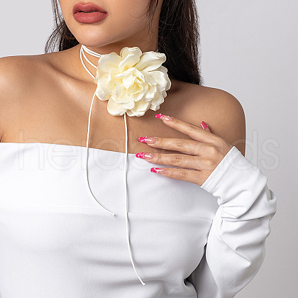 Retro Cloth Rose Flower Waxed Cord Wrap Choker Necklaces for Women WG01AE5-04-1
