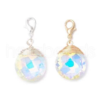 2Pcs Copper Wire Wrapped Flat Round Glass Pendant Decorations HJEW-JM03215-1