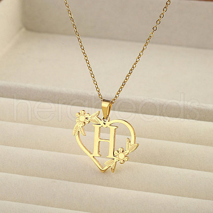 201 Stainless Steel Flower Heart Initial Pendant Necklaces for Women FS-WG08285-01-1