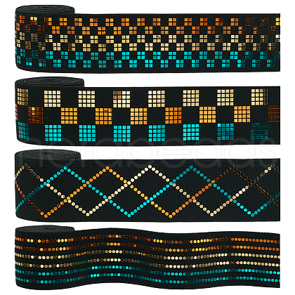 4 Yards 4 Styles Flat Polyester Elastic Cord with Laser Tartan/Stripe/Rhombus Paillettes OCOR-FG0002-81-1