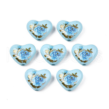 Flower Printed Opaque Acrylic Heart Beads SACR-S305-28-G02-1