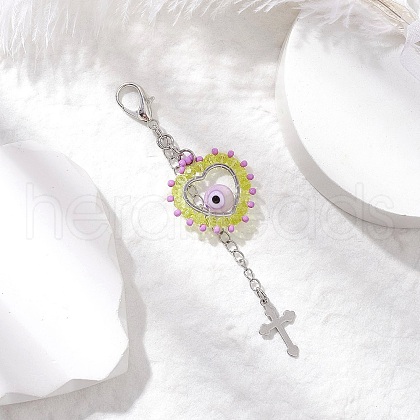 Handmade Evil Eye Lampwork & Glass Seed Beaded Heart Pendant Decorations HJEW-MZ00211-02-1