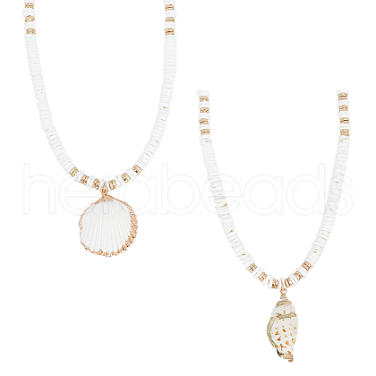 ANATTASOUL 2Pcs 2 Style Natural Shell Pendant Necklaces Set with Disc Beaded Chains for Women NJEW-AN0001-75-1