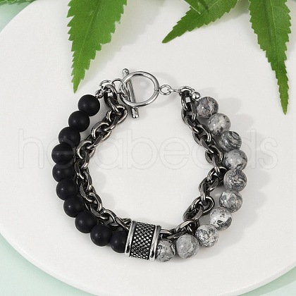 Natural Round Picasso Stone & Frosted Black Bead Bracelets BJEW-M081-01A-1
