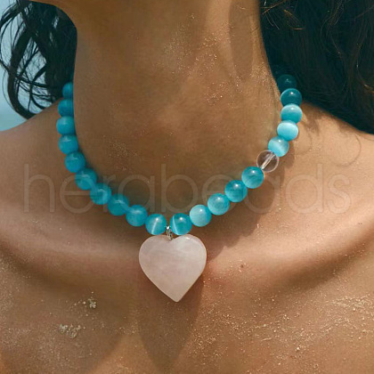 Natural Rose Quartz Heart Pendant Cat Eye Round Beaded Necklaces for Women FS-WGDA9BE-01-1