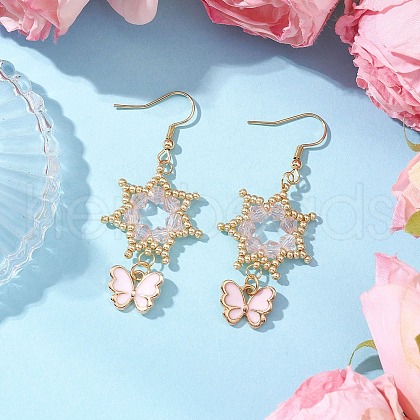 Flower with Butterfly 304 Stainless Steel Glass Seed Beads Dangle Earrings EJEW-MZ00417-03-1