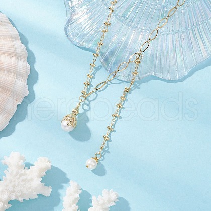 Shell Pearl Octopus Teardrop Pendant Brass & 304 Stainless Steel Chain Necklaces for Women NJEW-JN05310-1