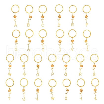 Brass Flower & 201 Stainless Steel Letter A~Z Pendant Keychain KEYC-JKC00801-1