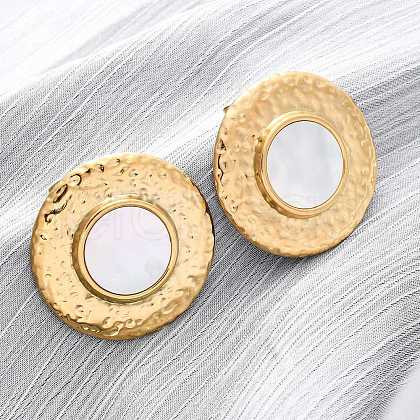 304 Stainless Steel Natural White Shell Stud Earrings EJEW-Z103-14G-1