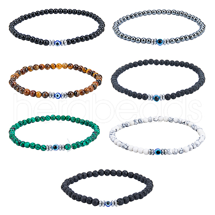FIBLOOM 7Pcs 7 Style Natural Mixed Gemstone Round & Plastic Evil Eye Beaded Stretch Bracelets Set NJEW-FI0001-15-1