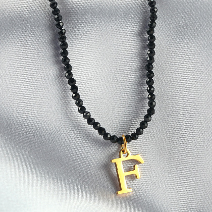 304 Stainless Steel Initial Pendant Black Glass Faceted Round Beaded Pendant Necklaces for Women FS-WGC61DE-06-1