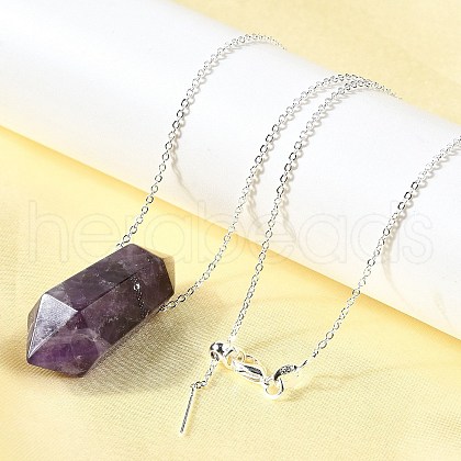 Natural Amethyst Double Terminal Pointed Faceted Bullet Pendant Necklaces NJEW-C080-01P-02-1