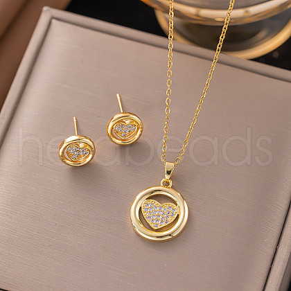 Brass Micro Pave Clear Cubic Zirconia Stud Earrings & Pendant Necklaces Sets FS-WG8C3C9-08-1