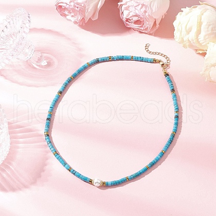 Round Shell Pearl & Dyed Natural Magnesite Heishi Beaded Necklaces NJEW-JN05300-01-1