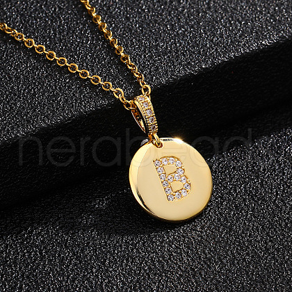 Brass Micro Pave Clear Cubic Zirconia Flat Round with Letter Pendant Necklaces FS-WG00655-02-1